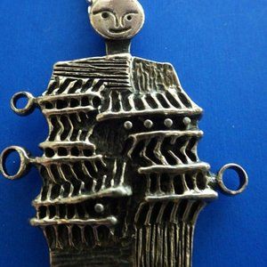 MODERNIST BRUTALIST GILES VIDAL PEWTER FIGURAL PENDANT & CHAIN NECKLACE